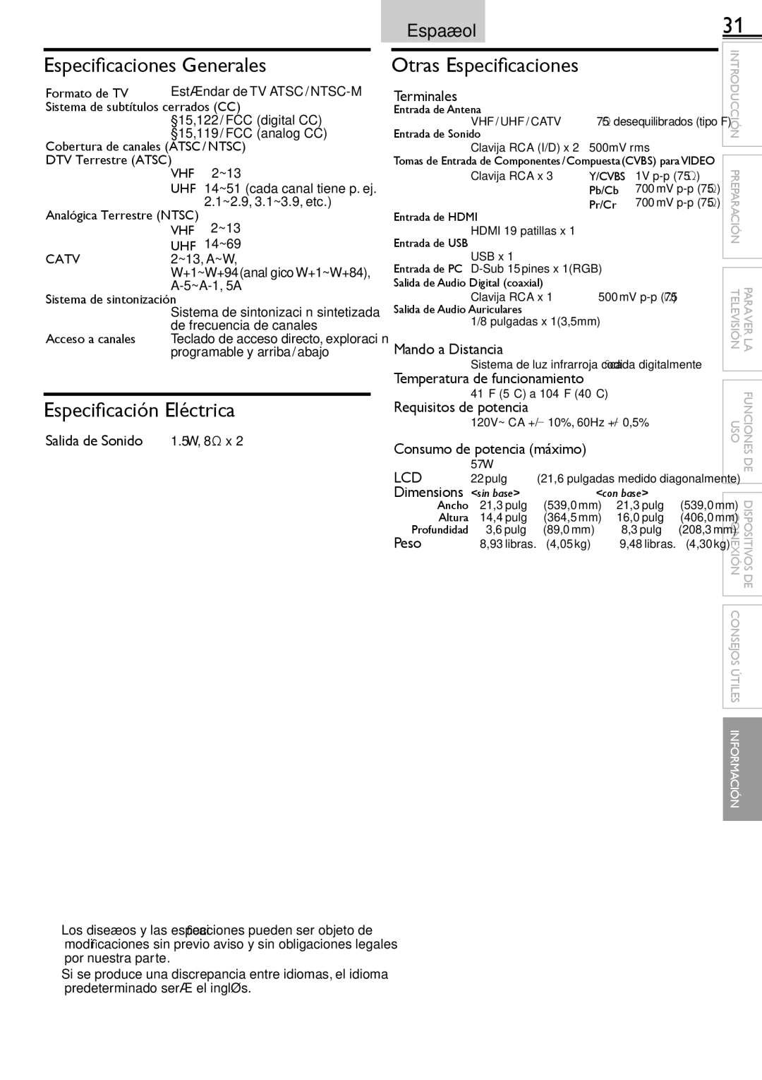 Sylvania LC220SS2 owner manual Especiﬁcaciones Generales, Especiﬁcación Eléctrica, Otras Especiﬁcaciones 