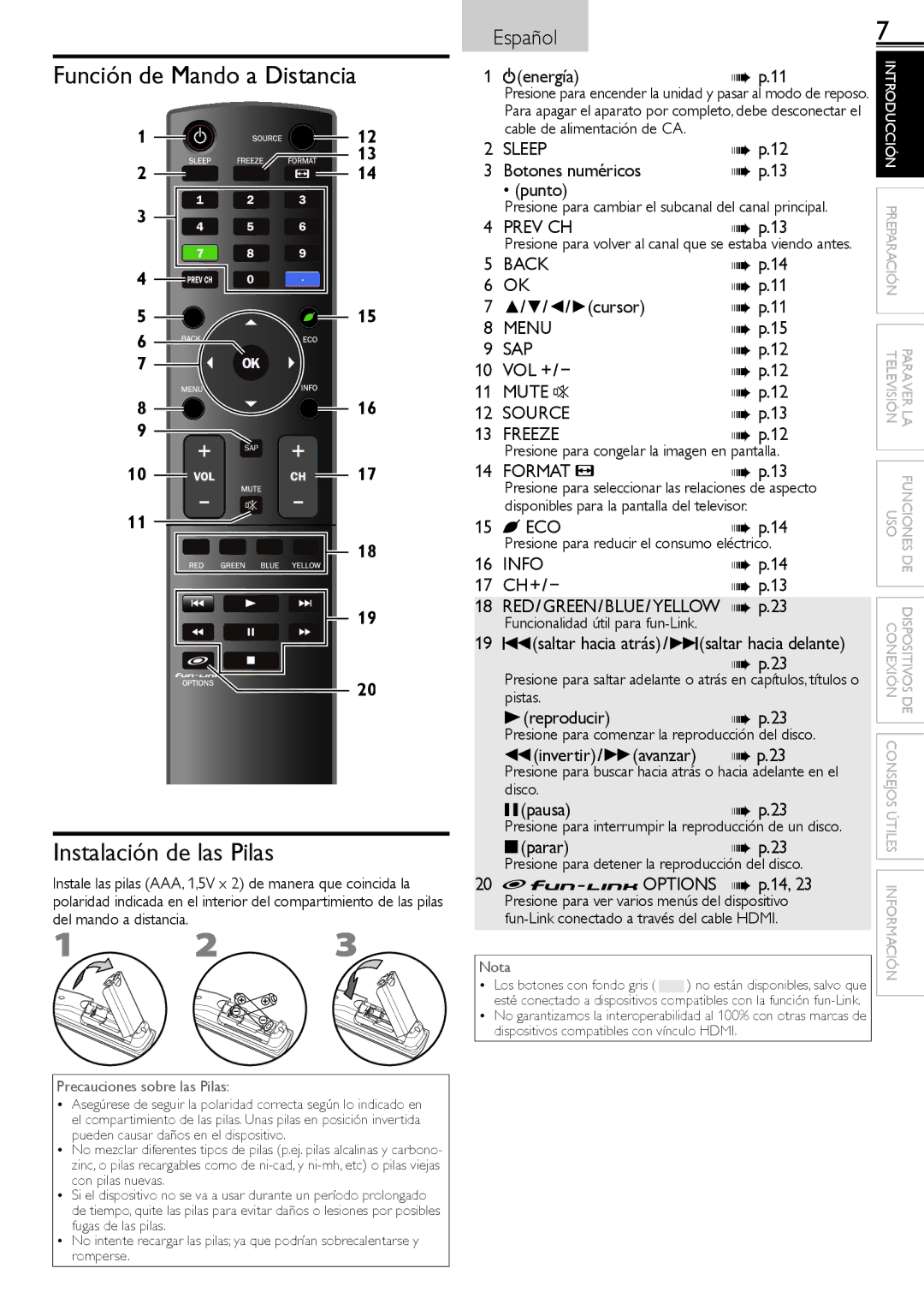 Sylvania LC220SS2 owner manual Función de Mando a Distancia Instalación de las Pilas 