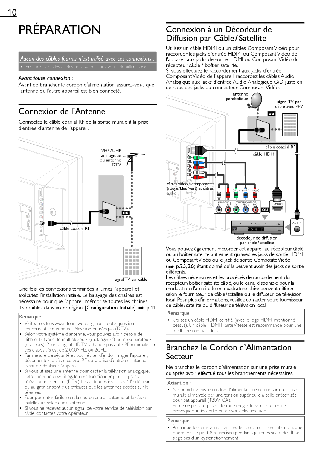 Sylvania LC220SS2 owner manual Préparation, Connexion de l’Antenne, Branchez le Cordon d’Alimentation Secteur 