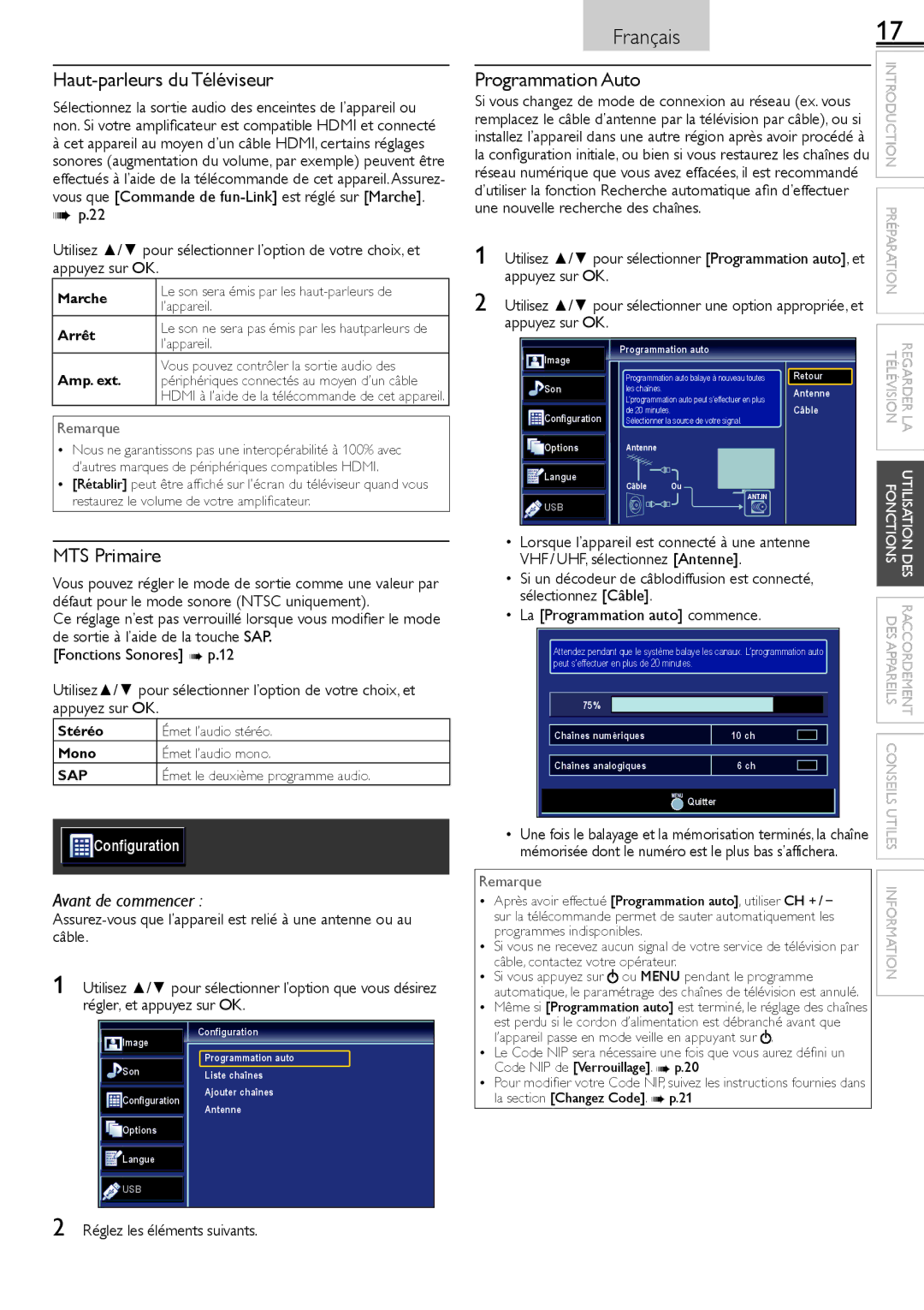 Sylvania LC220SS2 owner manual Haut-parleurs du Téléviseur, Programmation Auto, MTS Primaire 