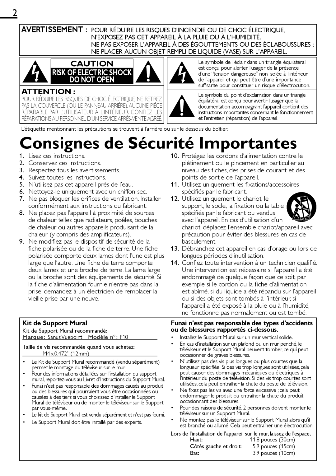 Sylvania LC220SS2 owner manual Ne modiﬁez pas le dispositif de sécurité de la, Kit de Support Mural recommandé, Haut, Bas 