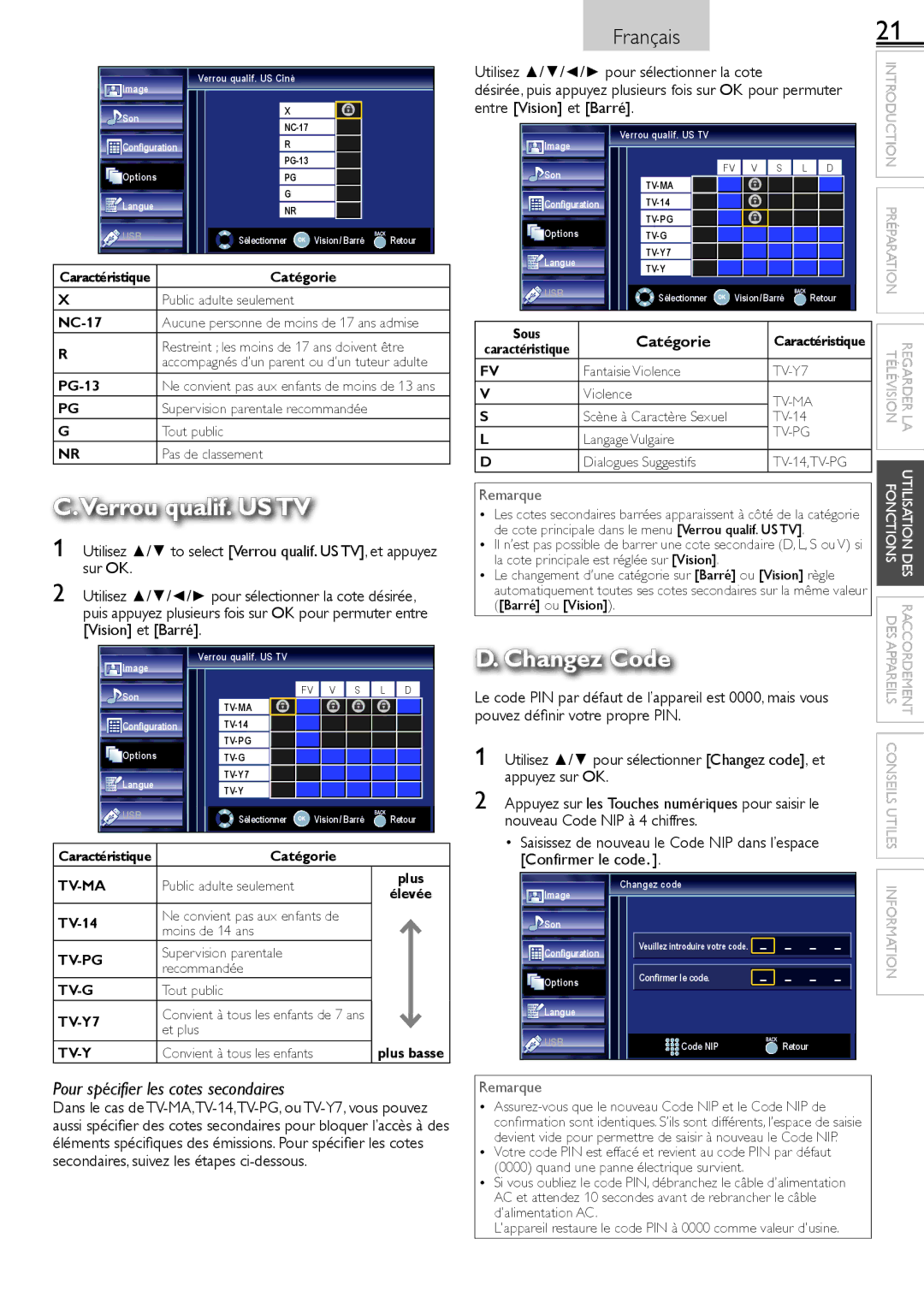 Sylvania LC220SS2 owner manual Pouvez déﬁnir votre propre PIN, Nouveau Code NIP à 4 chiffres 