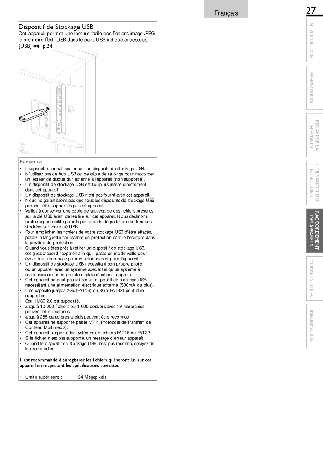 Sylvania LC220SS2 owner manual Dispositif de Stockage USB, Lappareil reconnaît seulement un dispositif de stockage USB 