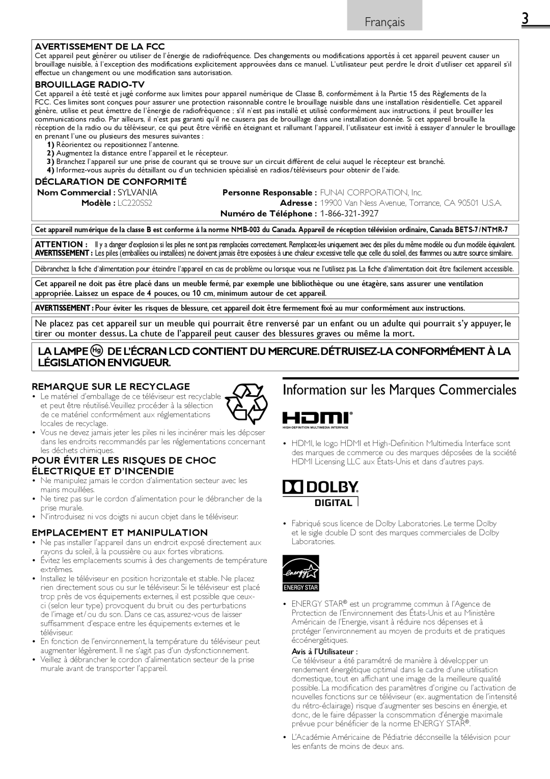 Sylvania LC220SS2 owner manual Numéro de Téléphone, Avis à l’Utilisateur 