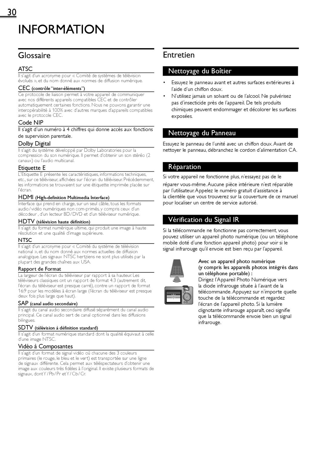 Sylvania LC220SS2 owner manual Information, Glossaire, Entretien 