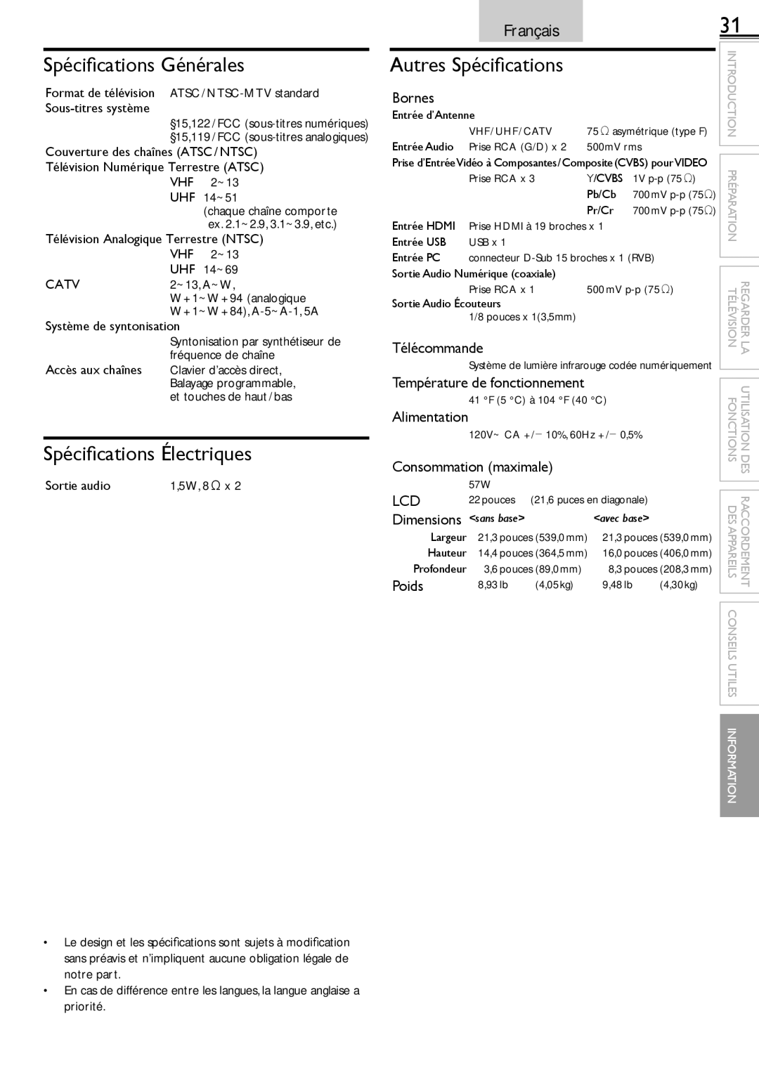 Sylvania LC220SS2 owner manual Spéciﬁcations Générales, Spéciﬁcations Électriques, Autres Spéciﬁcations 