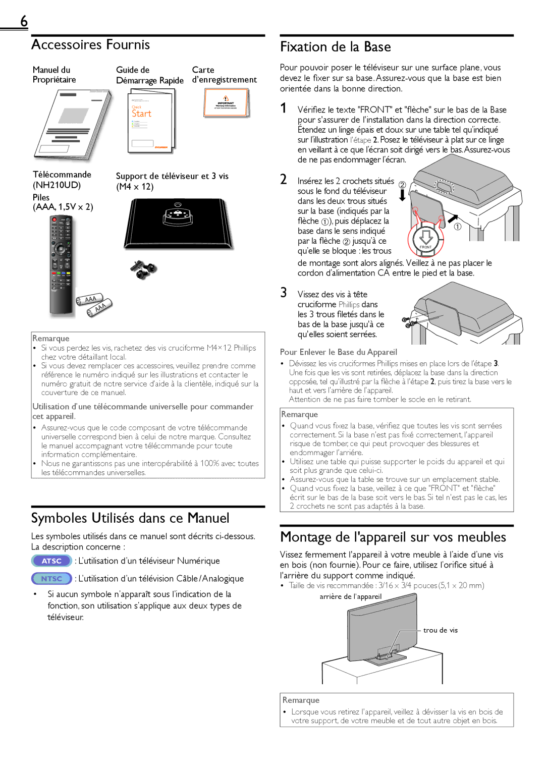 Sylvania LC220SS2 owner manual Accessoires Fournis, Fixation de la Base, Symboles Utilisés dans ce Manuel 