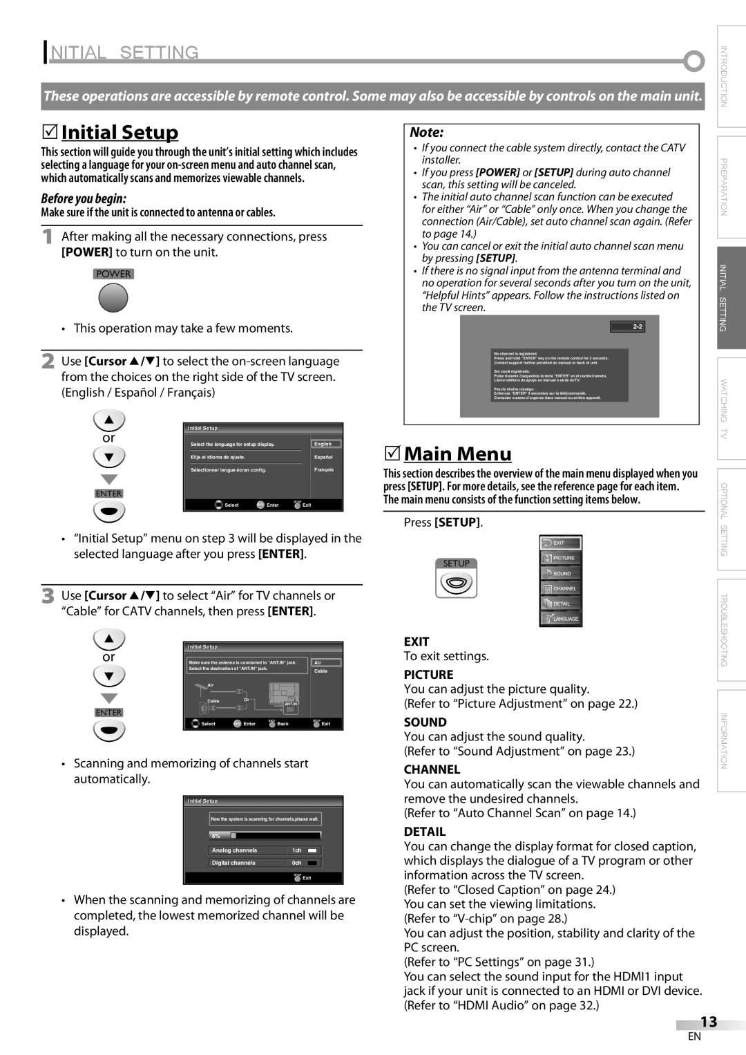 Sylvania LC225SC9 owner manual Initial Setting, 5Initial Setup, 5Main Menu, Before you begin 