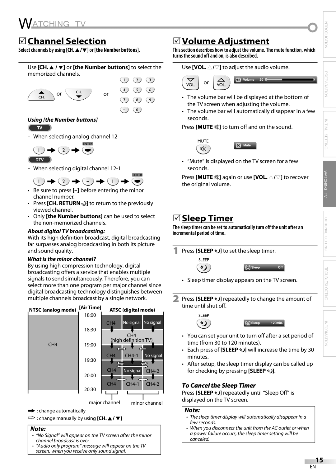 Sylvania LC225SC9 Watching TV, 5Channel Selection, 5Sleep Timer, To Cancel the Sleep Timer, Incremental period of time 