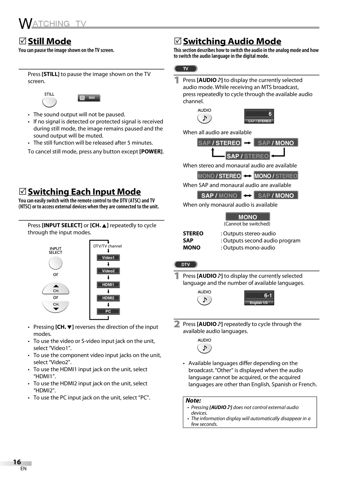 Sylvania LC225SC9 owner manual 5Still Mode, 5Switching Each Input Mode, 5Switching Audio Mode 