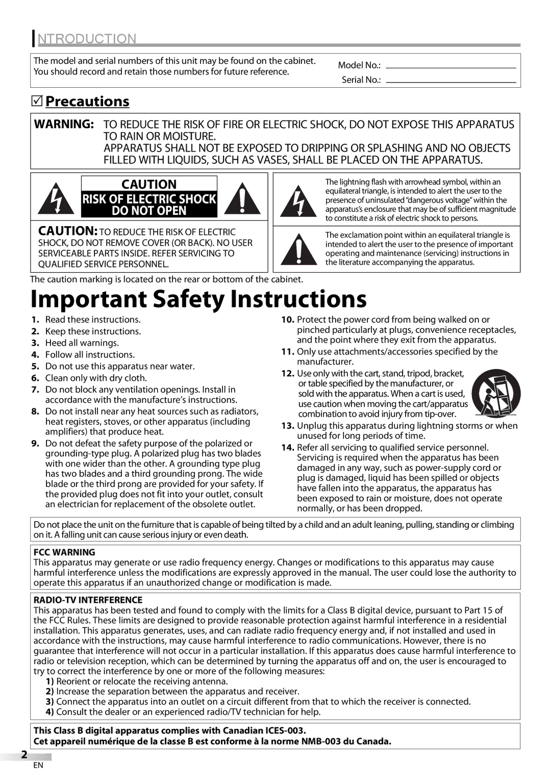 Sylvania LC225SC9 owner manual Introduction, Precautions, FCC Warning, RADIO-TV Interference 