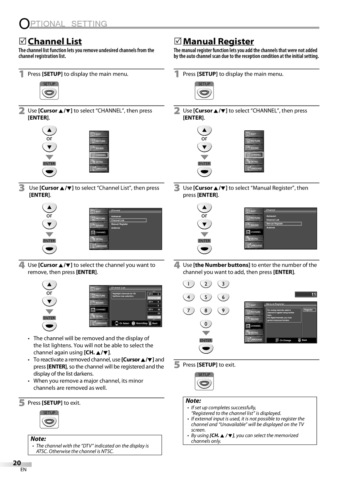 Sylvania LC225SC9 owner manual Optional Setting, 5Channel List, 5Manual Register, Enter 