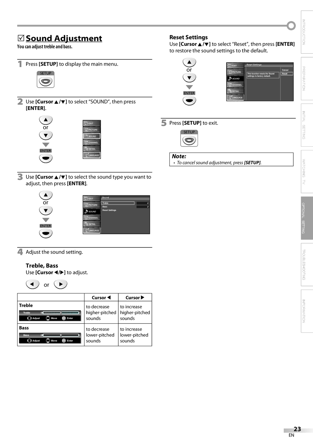 Sylvania LC225SC9 owner manual 5Sound Adjustment, Treble, Bass, You can adjust treble and bass, Adjust the sound setting 