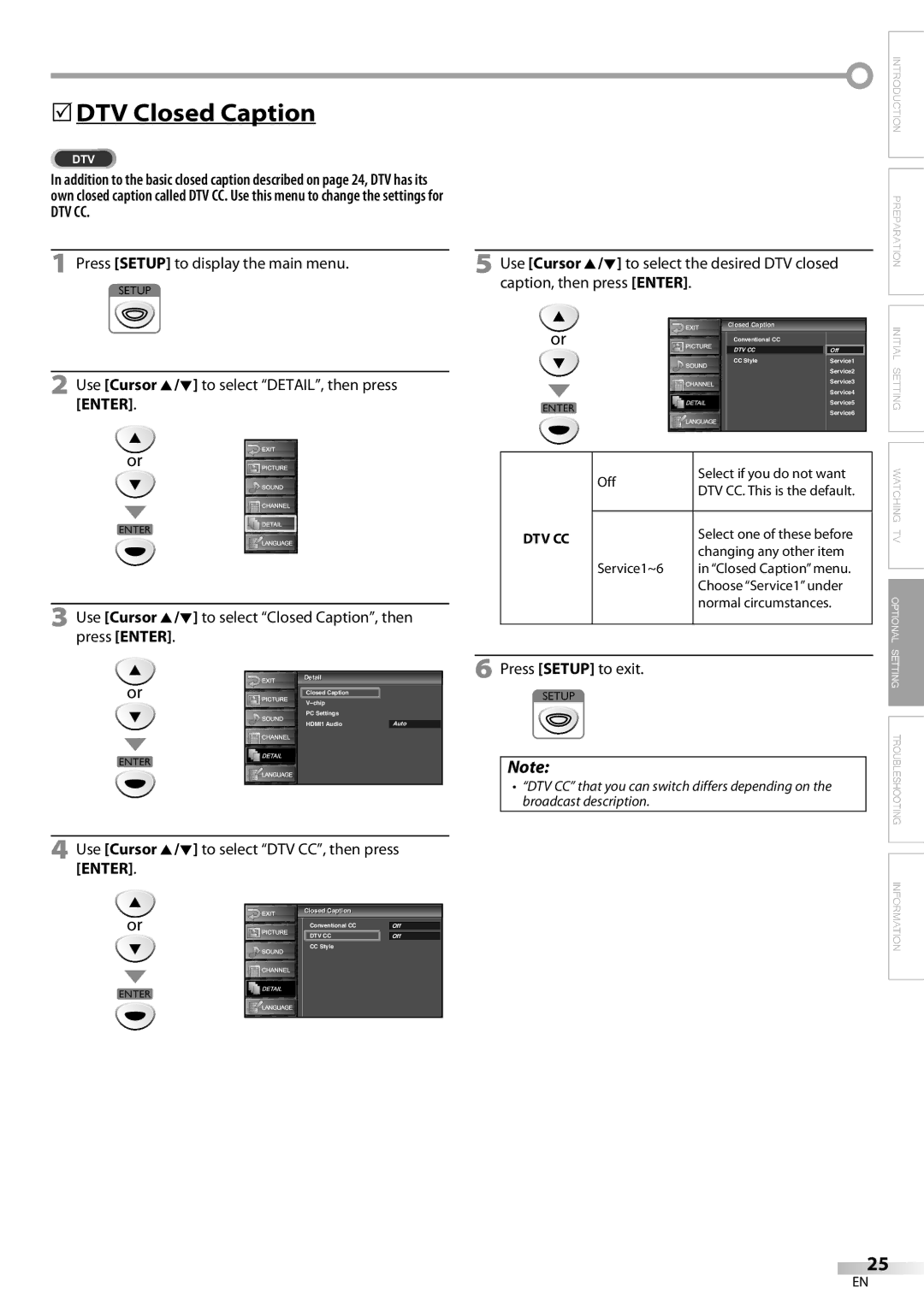 Sylvania LC225SC9 owner manual 5DTV Closed Caption, Dtv Cc, Use Cursor K/L to select DTV CC, then press Enter 