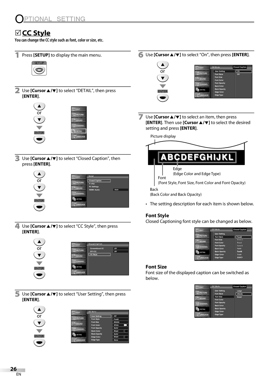 Sylvania LC225SC9 owner manual 5CC Style, Font Style, Font Size, Setting description for each item is shown below 