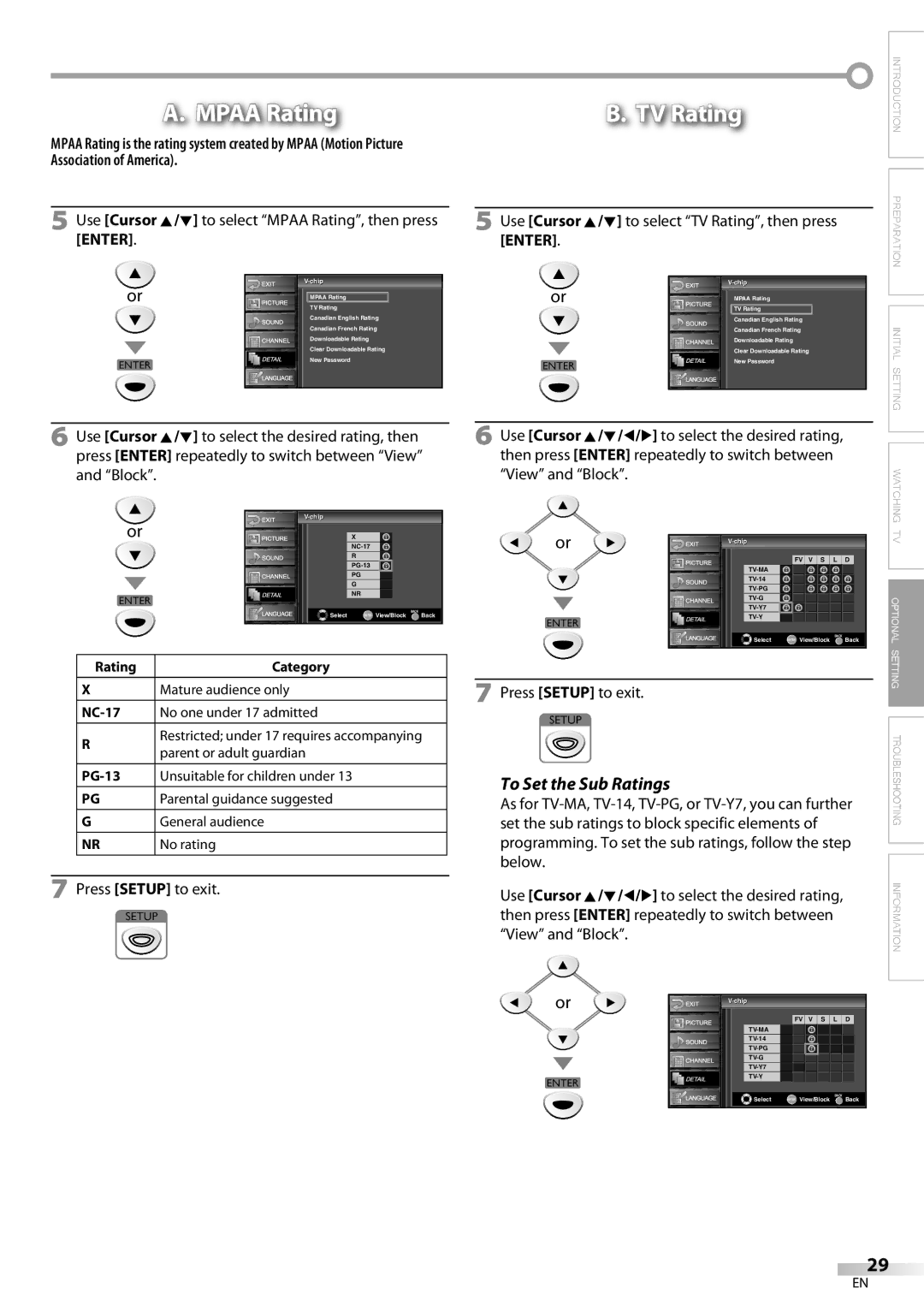 Sylvania LC225SC9 owner manual To Set the Sub Ratings, Use Cursor K/L to select Mpaa Rating, then press Enter 