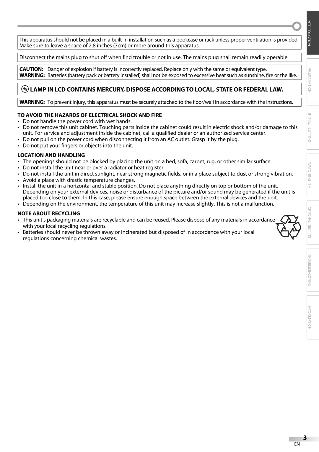 Sylvania LC225SC9 owner manual Do not handle the power cord with wet hands, Location and Handling 