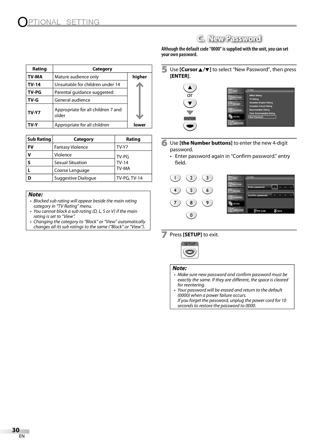 Sylvania LC225SC9 owner manual Use Cursor K/L to select New Password, then press Enter, TV-14, Category Rating 