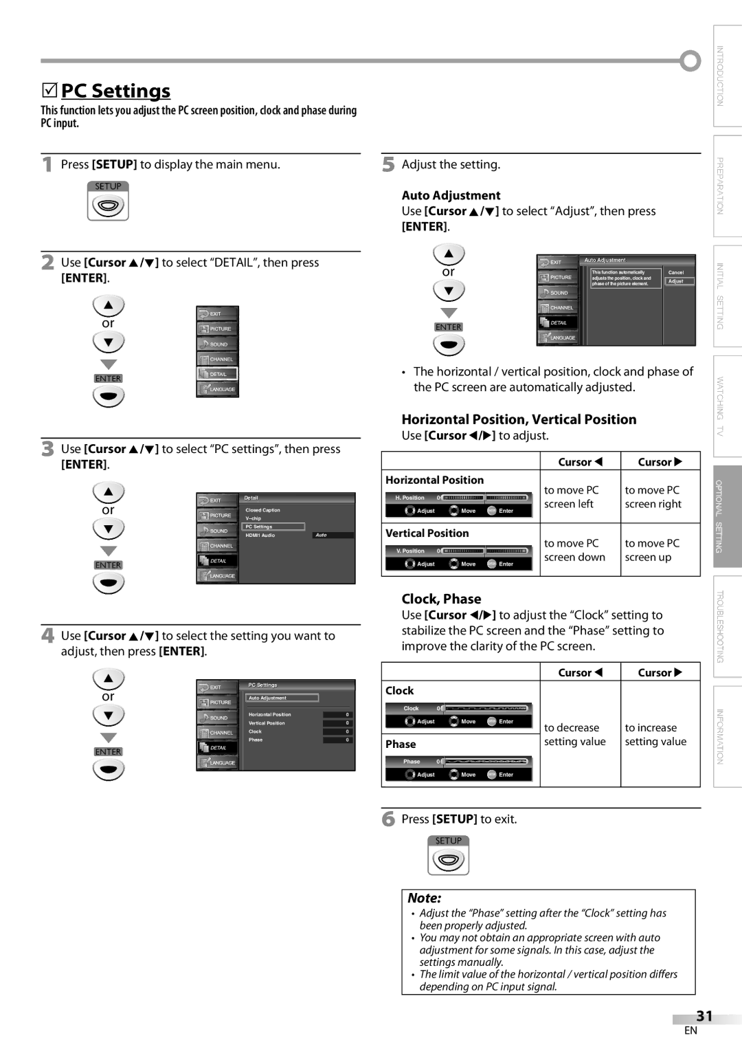 Sylvania LC225SC9 owner manual 5PC Settings, Horizontal Position, Vertical Position, Auto Adjustment, Clock, Phase 