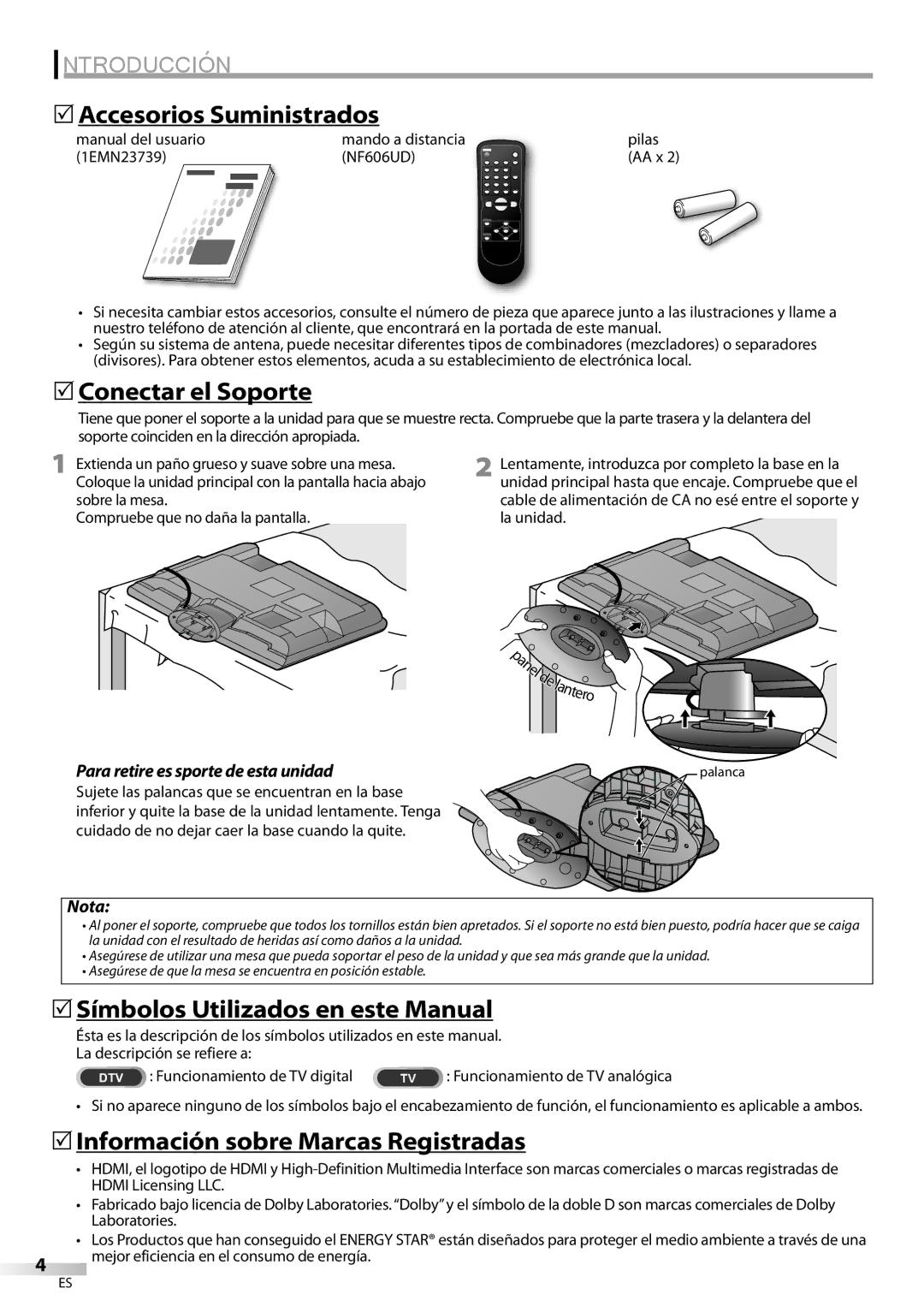 Sylvania LC225SC9 owner manual 5Accesorios Suministrados, 5Conectar el Soporte, 5Símbolos Utilizados en este Manual 