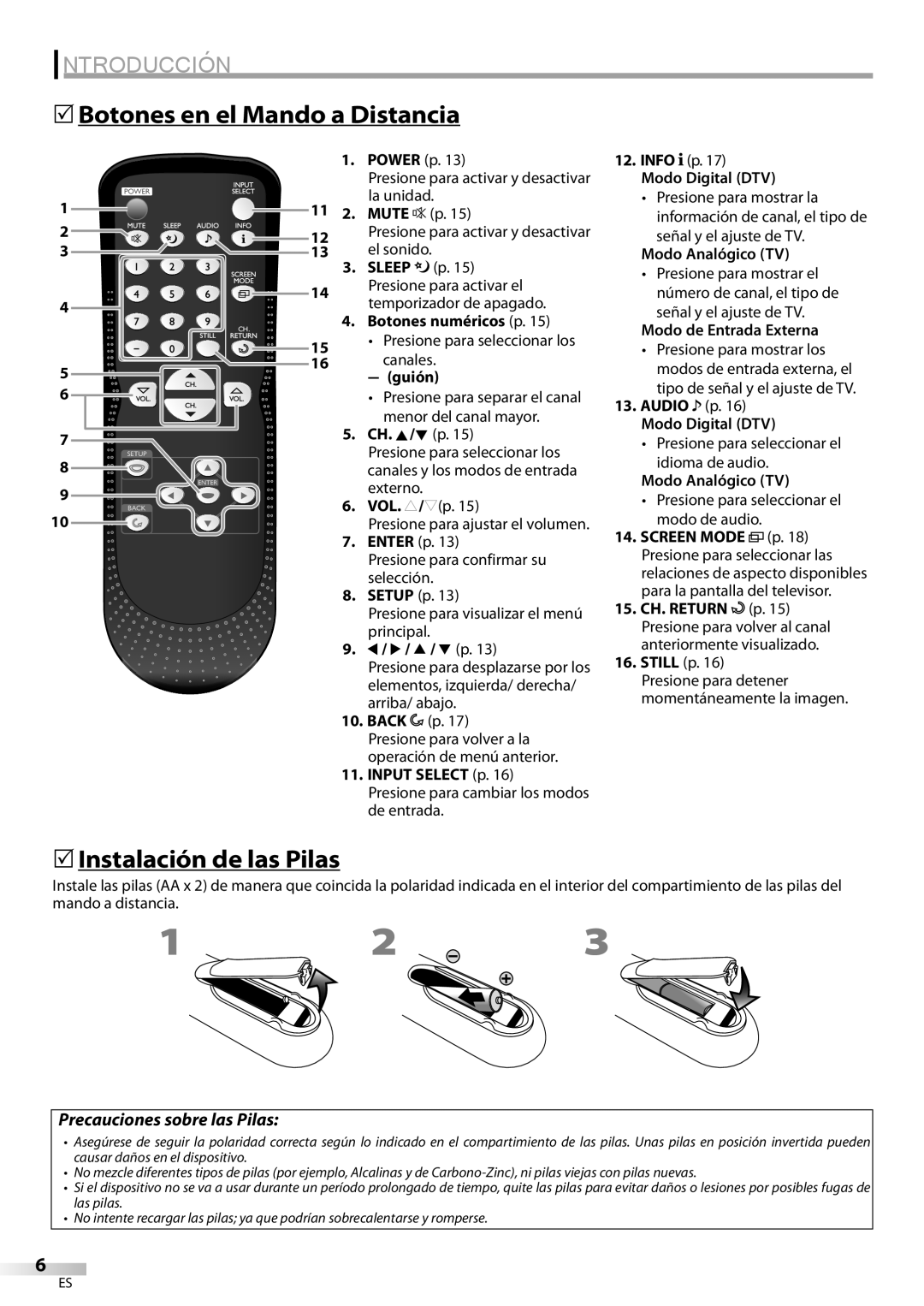 Sylvania LC225SC9 owner manual 5Botones en el Mando a Distancia, 5Instalación de las Pilas, Precauciones sobre las Pilas 