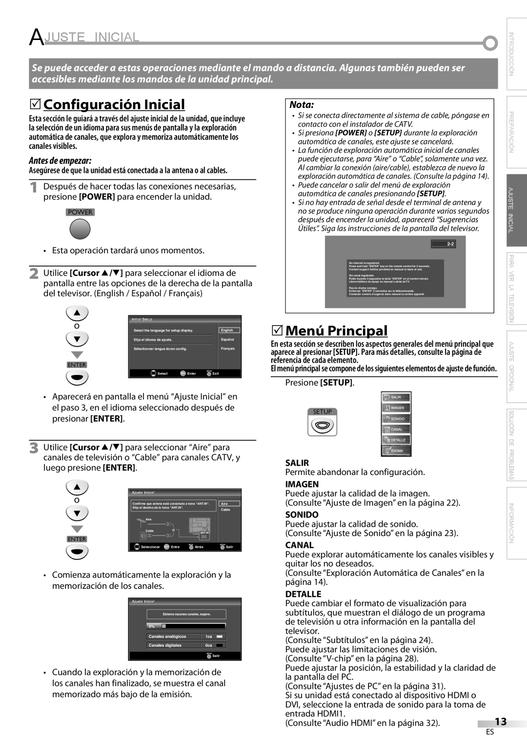 Sylvania LC225SC9 owner manual Ajuste Inicial, 5Configuración Inicial, 5Menú Principal, Antes de empezar 