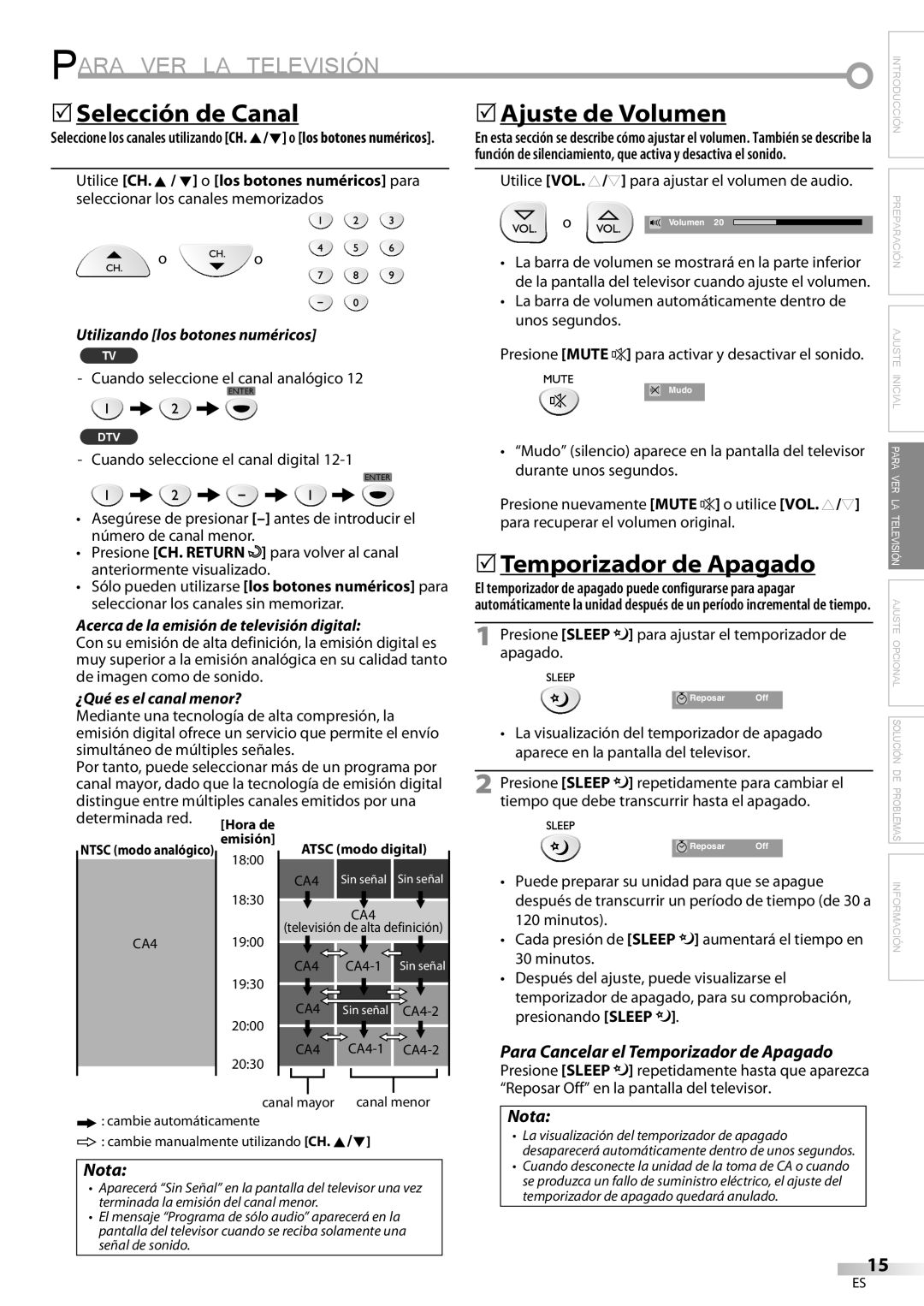 Sylvania LC225SC9 owner manual 5Selección de Canal, 5Temporizador de Apagado, Para Cancelar el Temporizador de Apagado 