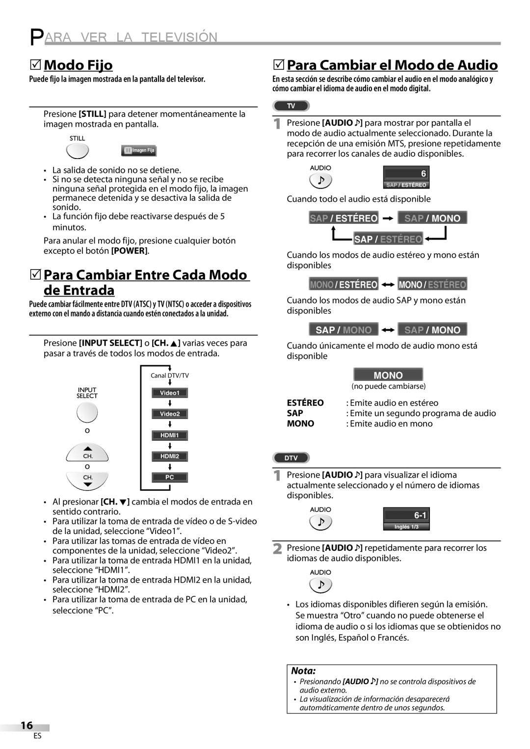 Sylvania LC225SC9 owner manual Para VER LA Televisión, 5Modo Fijo, 5Para Cambiar Entre Cada Modo de Entrada, Estéreo 