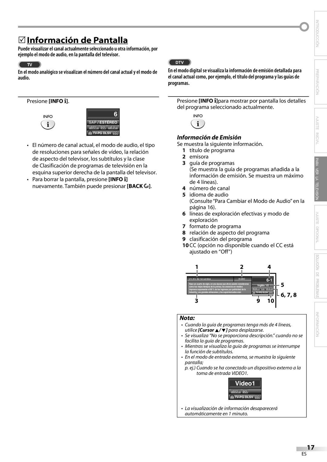 Sylvania LC225SC9 5Información de Pantalla, Información de Emisión, Presione Info, Un día ía de recuerdos, Inglés 1/2 