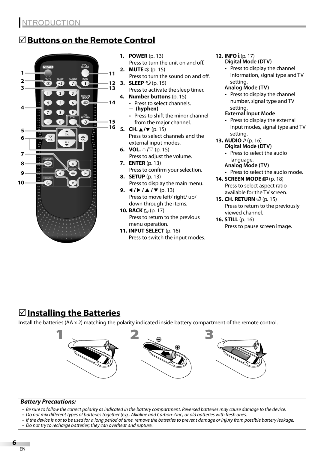 Sylvania LC225SC9 owner manual 5Buttons on the Remote Control, 5Installing the Batteries, Battery Precautions, Mute, Sleep 