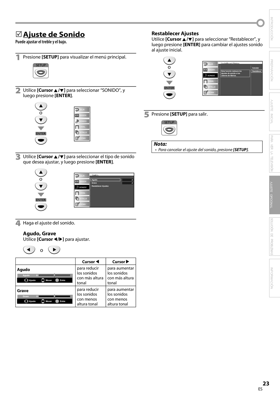 Sylvania LC225SC9 owner manual 5Ajuste de Sonido, Agudo, Grave, Puede ajustar el treble y el bajo 