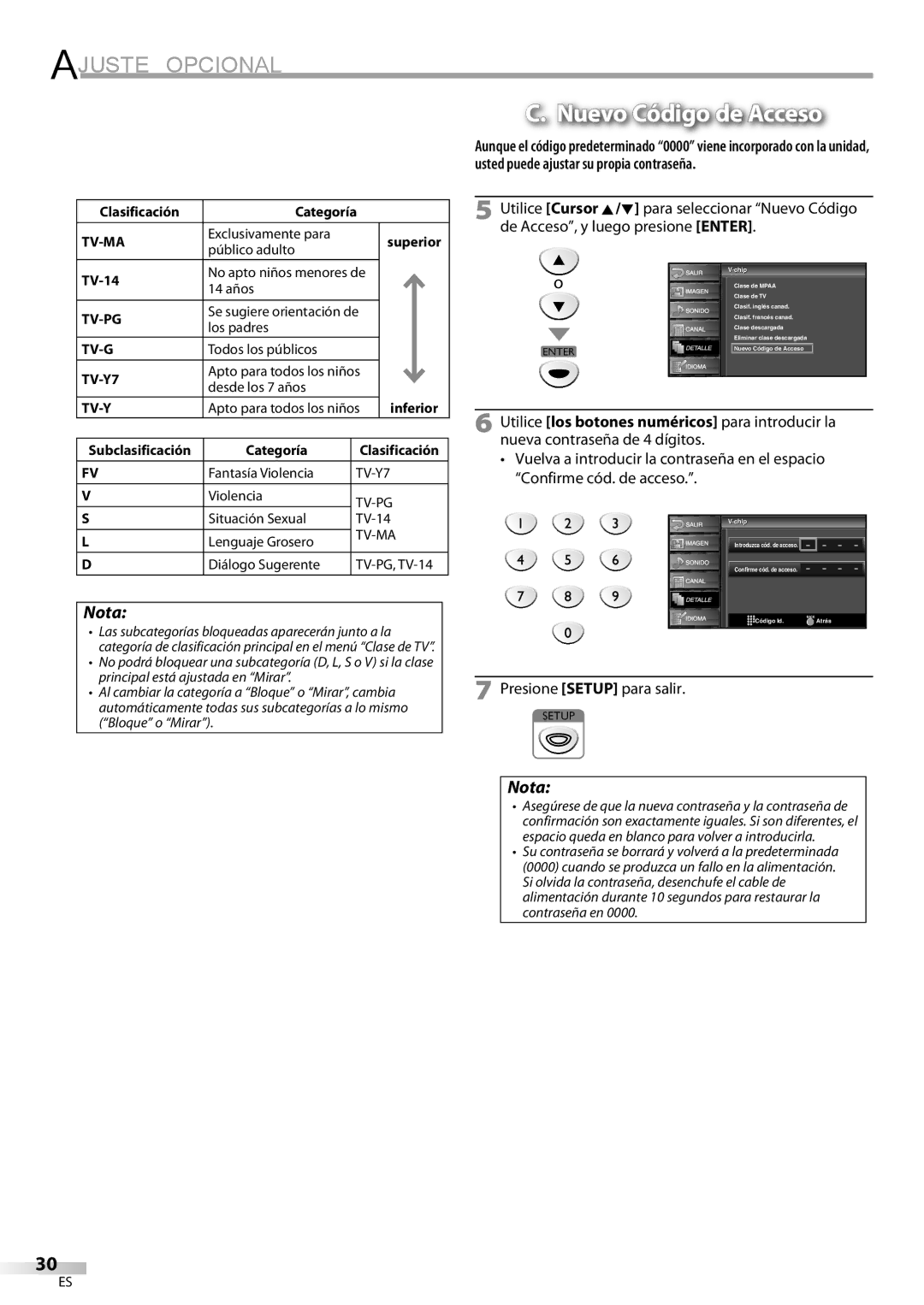 Sylvania LC225SC9 owner manual Nuevo Código de Acceso, Clasificación Categoría 