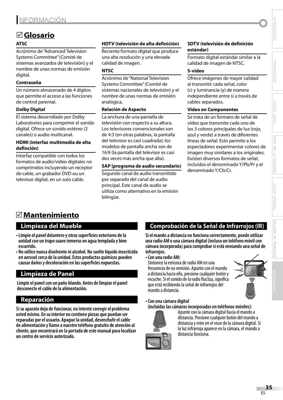 Sylvania LC225SC9 owner manual Información, Glosario, Mantenimiento, Mando a distancia, Con una cámara digital 