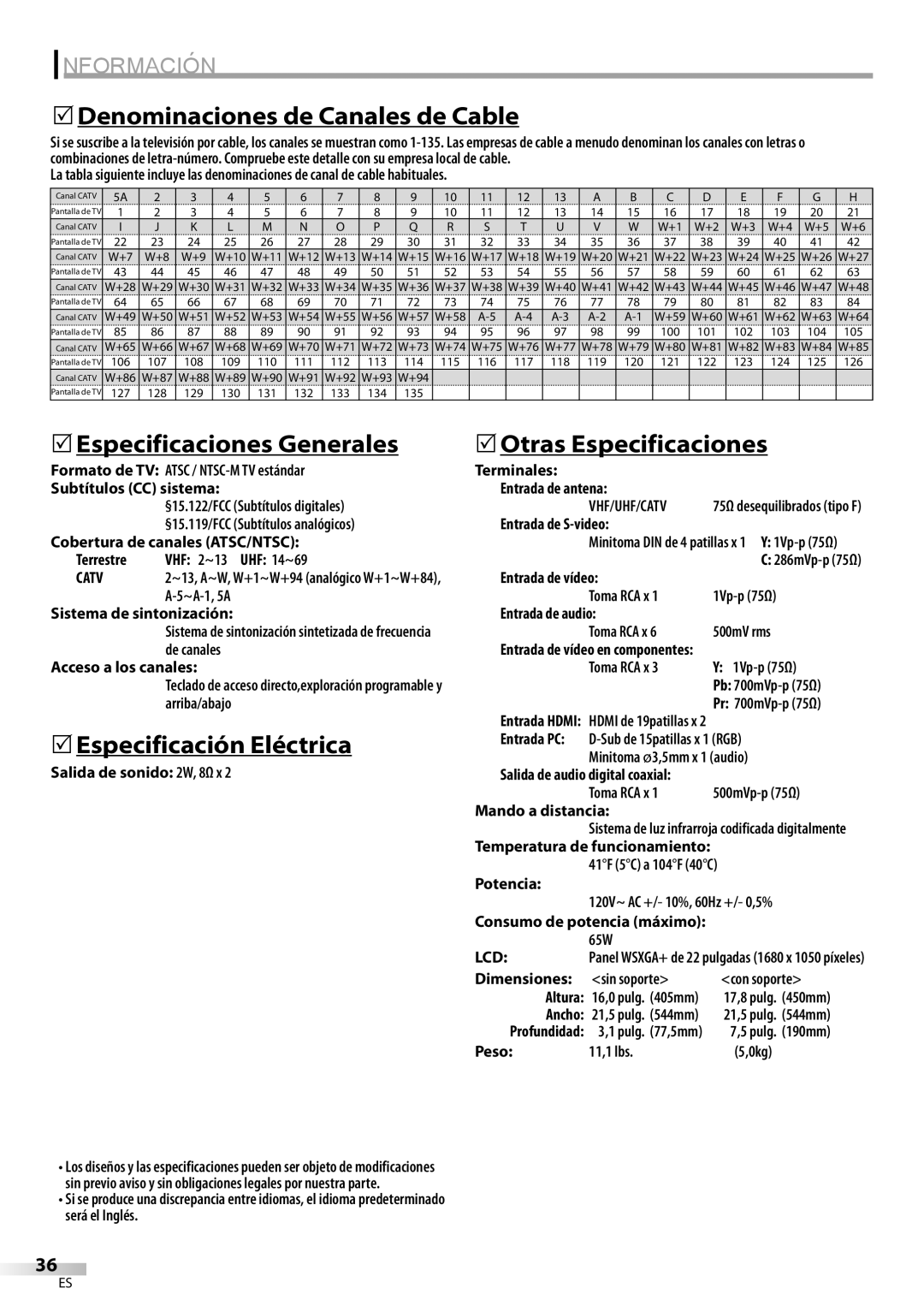 Sylvania LC225SC9 owner manual 5Denominaciones de Canales de Cable, 5Especificaciones Generales, 5Especificación Eléctrica 