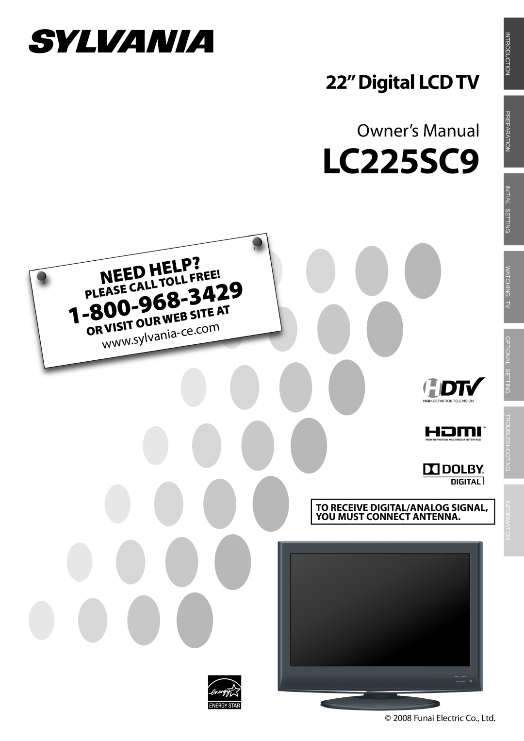 Sylvania LC225SC9 owner manual 3429, sylvania, Free, Visit, 22”Digital LCD TV, Owner’s Manual, Need, Help?, Call, Site 