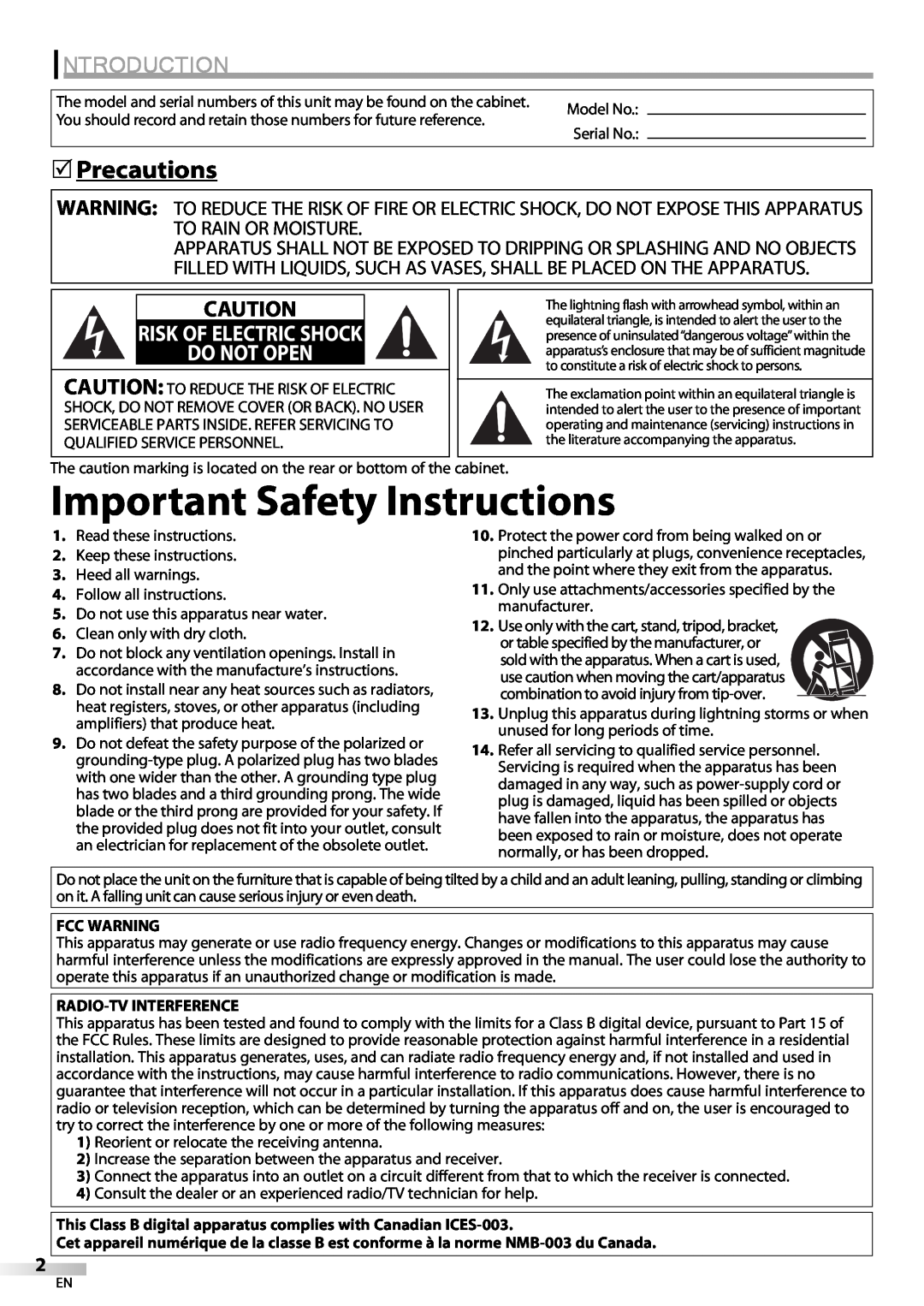Sylvania LC225SC9 Important Safety Instructions, Introduction, Precautions, Do Not Open, Risk Of Electric Shock 