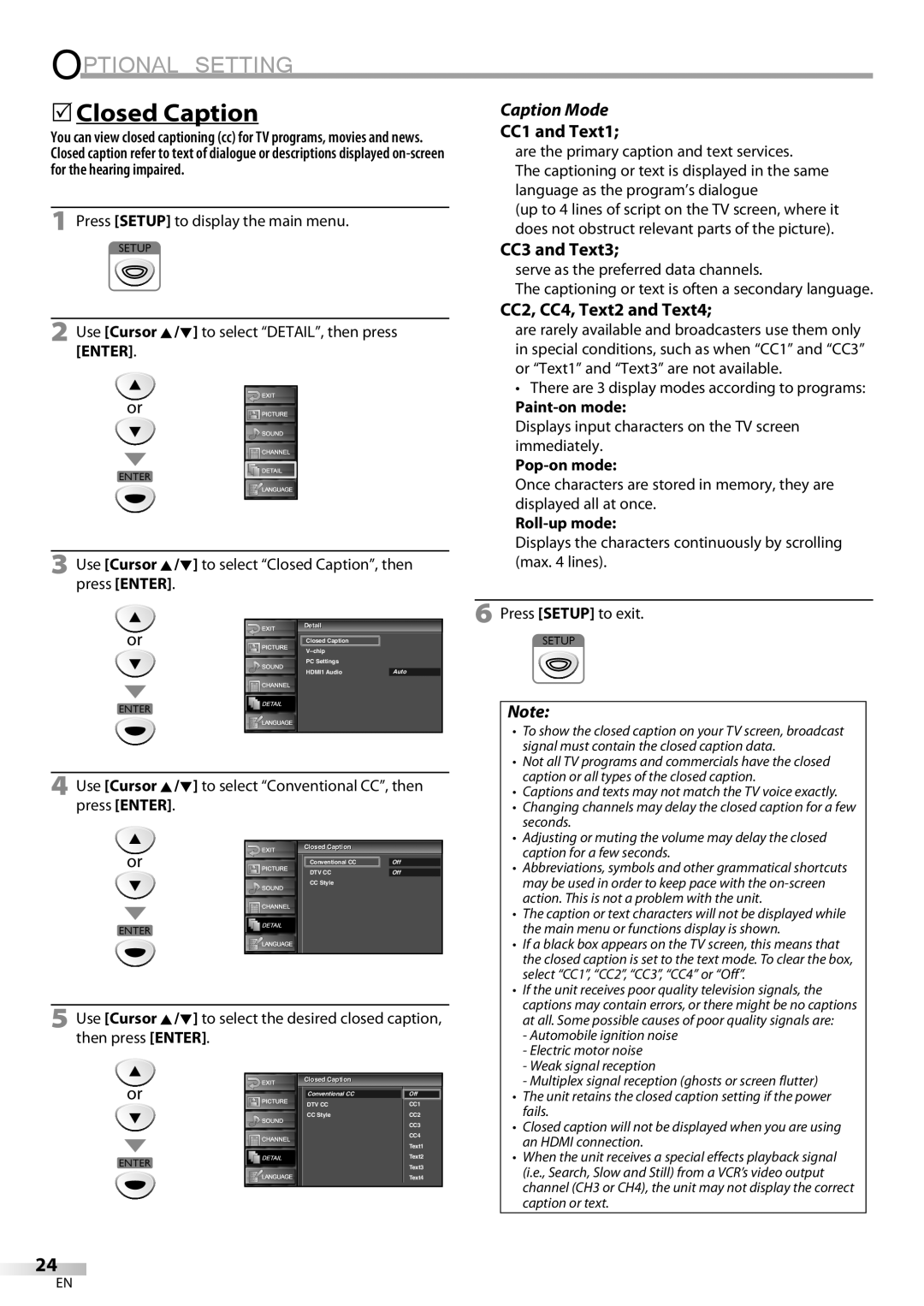 Sylvania LC225SC9 5Closed Caption, Optional Setting, Caption Mode, CC1 and Text1, CC3 and Text3, CC2, CC4, Text2 and Text4 