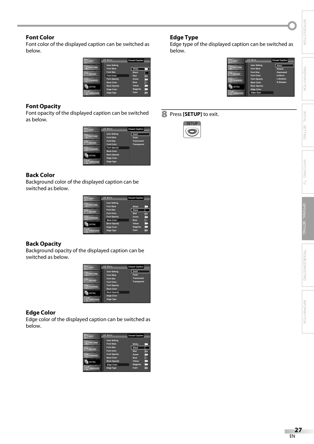 Sylvania LC225SC9 owner manual Font Color, Font Opacity, Back Color, Back Opacity, Edge Color, Edge Type 