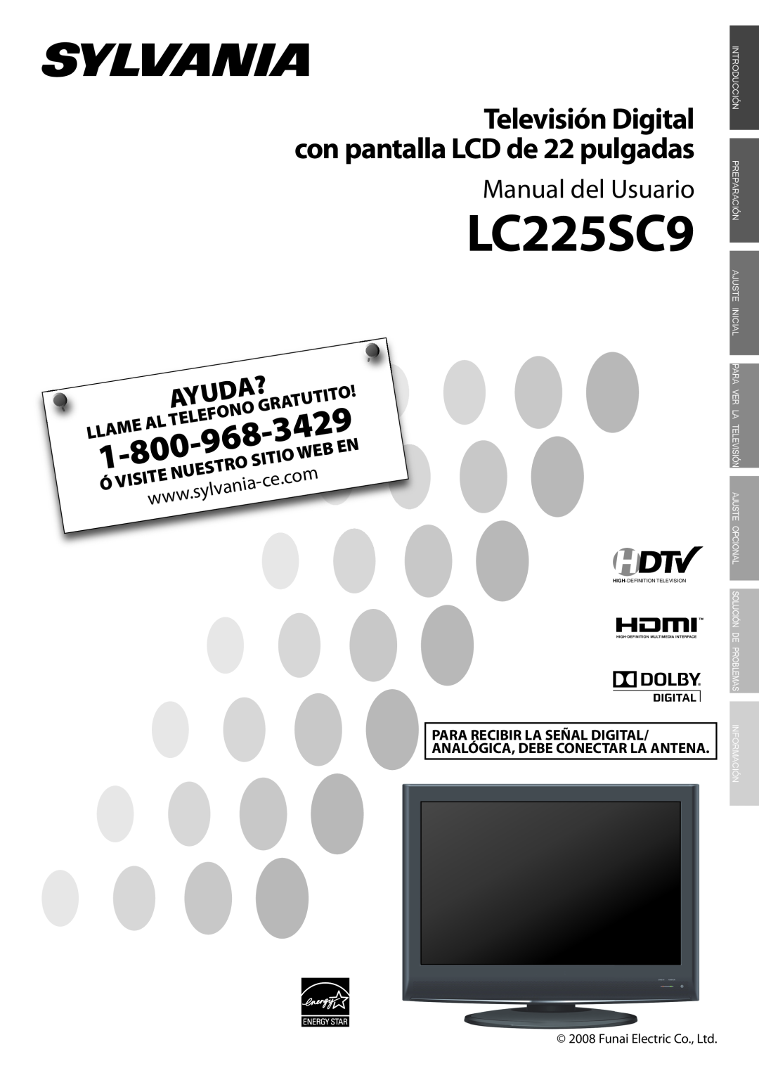Sylvania LC225SC9 Tutito, Sitio, 3429, Manual del Usuario, Televisión Digital con pantalla LCD de 22 pulgadas, Ayuda? 
