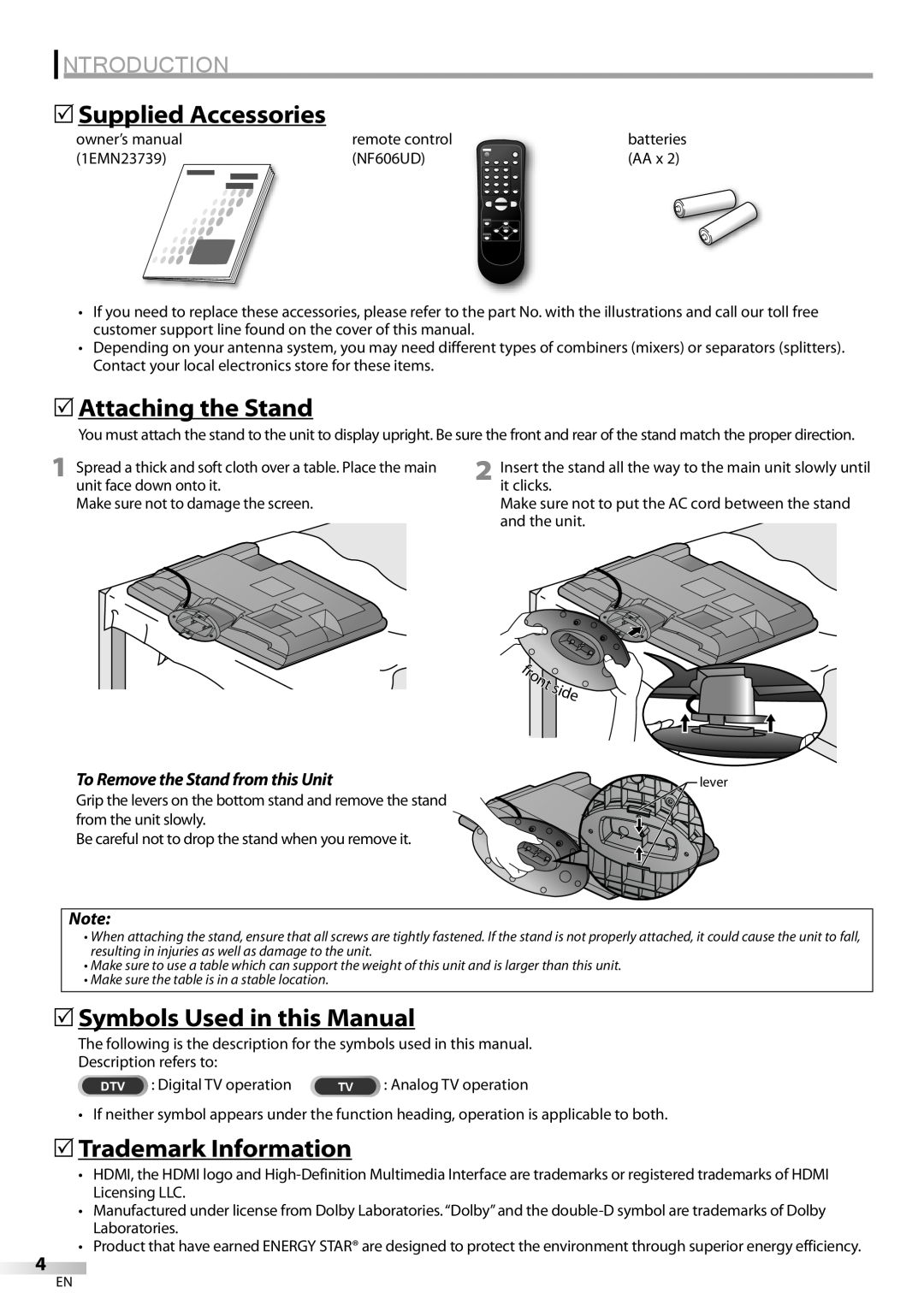 Sylvania LC225SC9 5Supplied Accessories, 5Attaching the Stand, 5Symbols Used in this Manual, 5Trademark Information 