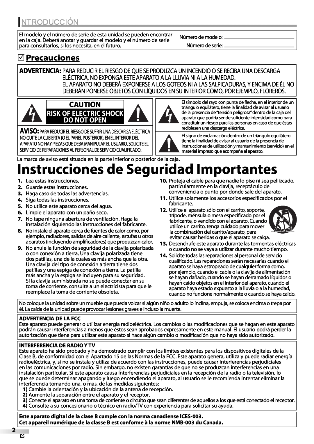 Sylvania LC225SC9 Instrucciones de Seguridad Importantes, Introducción, Precauciones, Do Not Open, Risk Of Electric Shock 