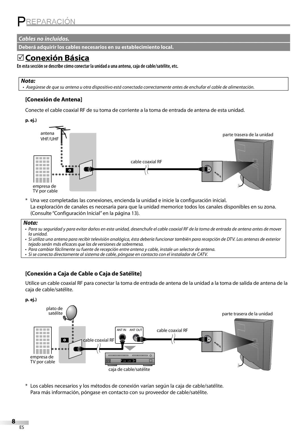 Sylvania LC225SC9 owner manual Preparación, 5Conexión Básica, Cables no incluidos, Nota, Conexión de Antena 