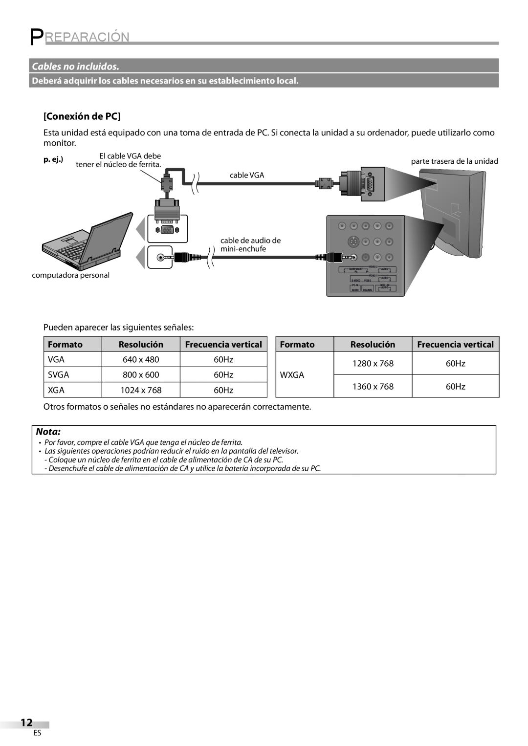 Sylvania LC225SC9 owner manual Preparación, Cables no incluidos, Conexión de PC, Nota, p. ej, Frecuencia vertical 