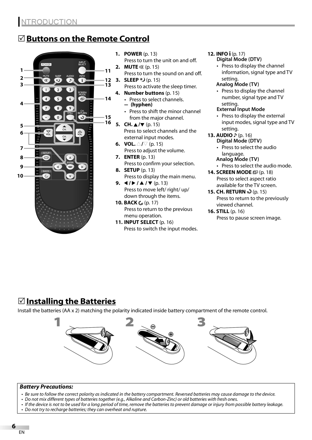 Sylvania LC225SC9 owner manual 5Buttons on the Remote Control, 5Installing the Batteries, Introduction, Battery Precautions 