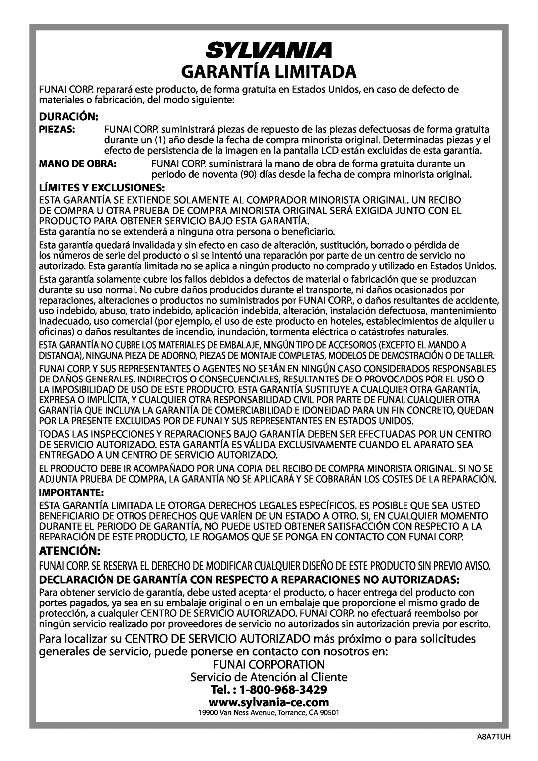 Sylvania LC225SC9 owner manual Garantía Limitada, Atención, Duración, Límites Y Exclusiones, Importante 