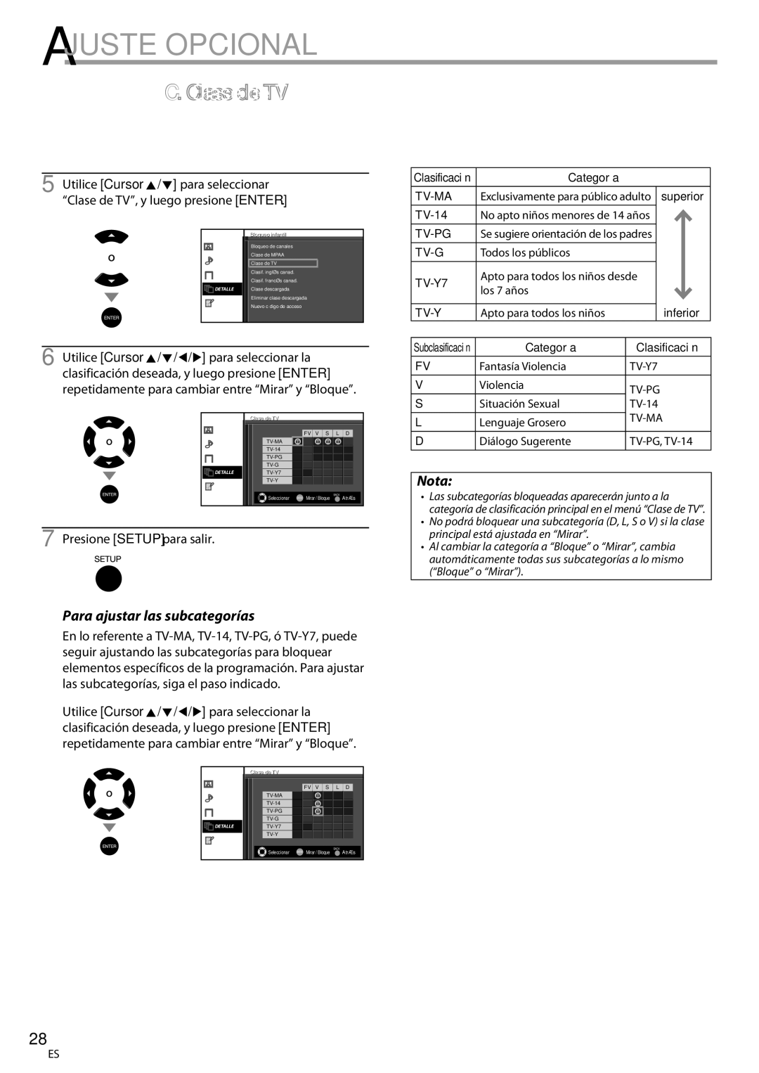 Sylvania LC225SSX, LC195SSX owner manual Clase de TV, Para ajustar las subcategorías 