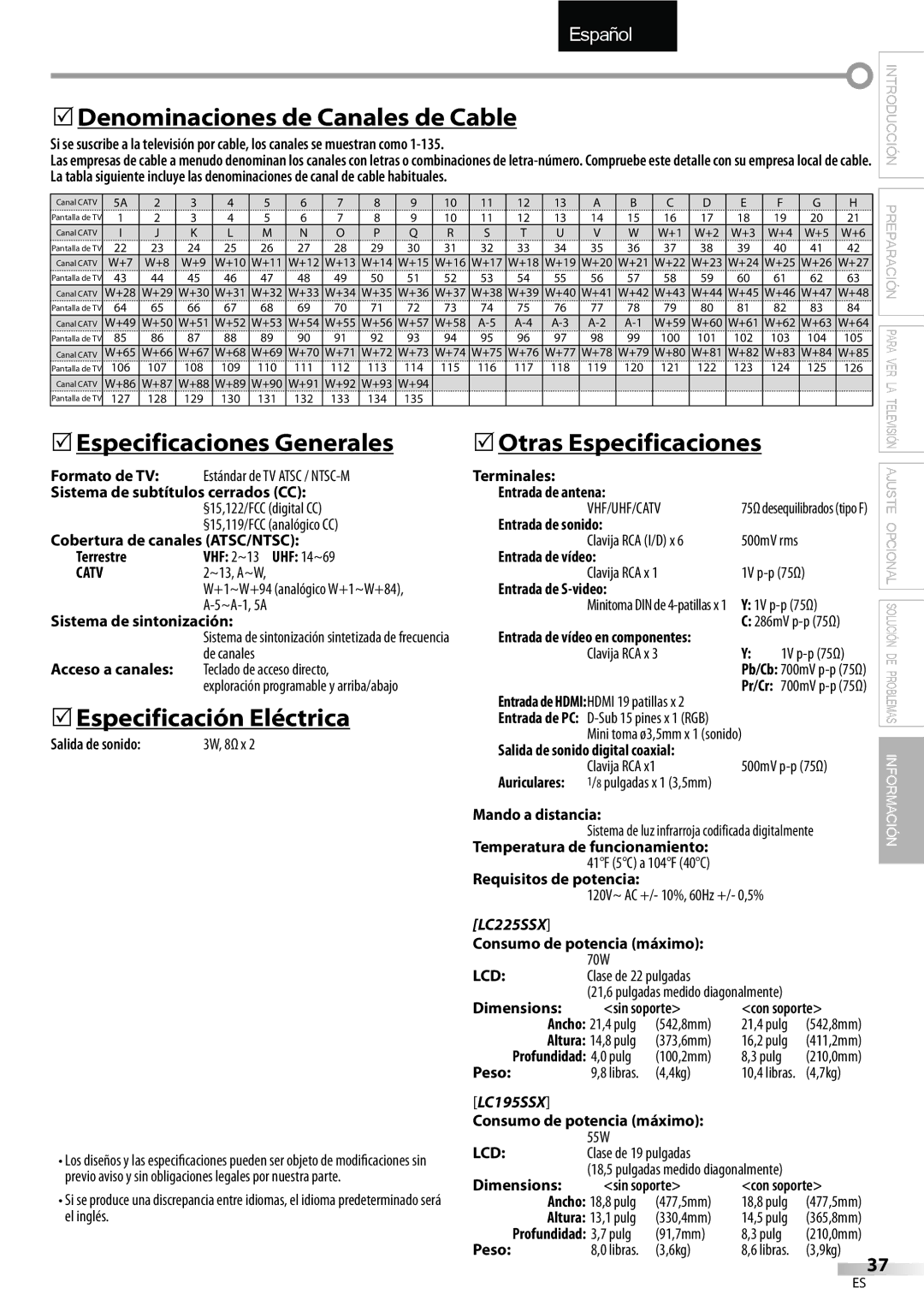 Sylvania LC195SSX, LC225SSX owner manual 5Denominaciones de Canales de Cable 