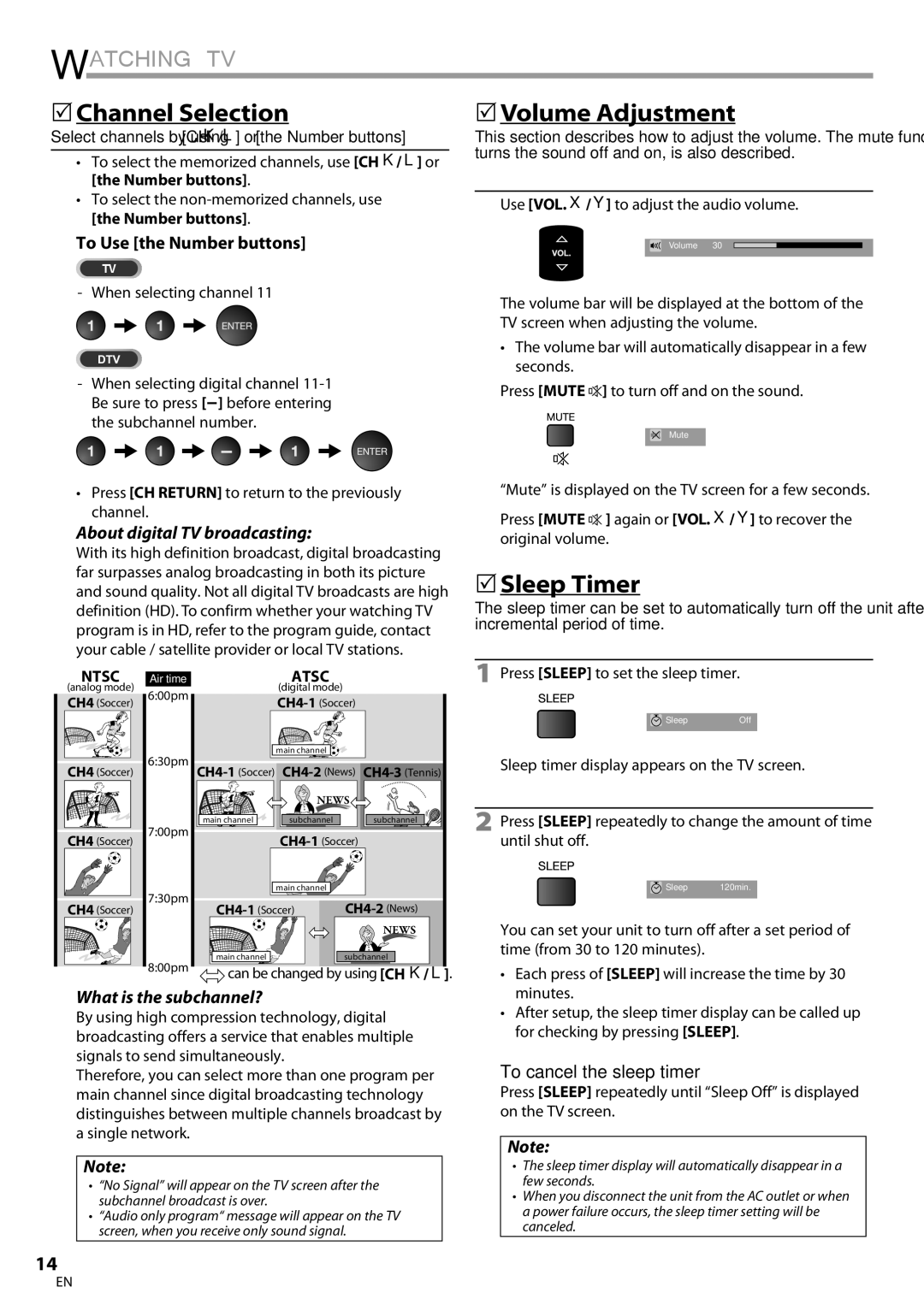 Sylvania LC225SSX, LC195SSX owner manual Watching TV, 5Channel Selection, 5Volume Adjustment, 5Sleep Timer 