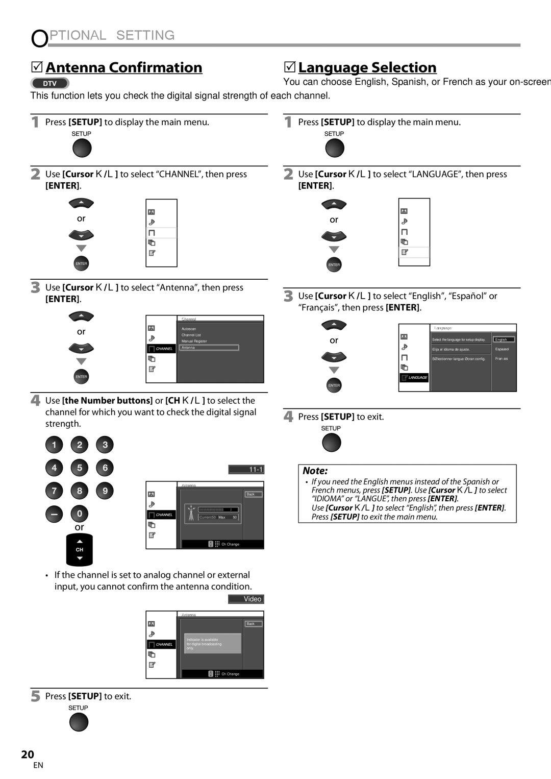 Sylvania LC225SSX 5Antenna Confirmation, 5Language Selection, Use the Number buttons or CH K/L to select, Strength 