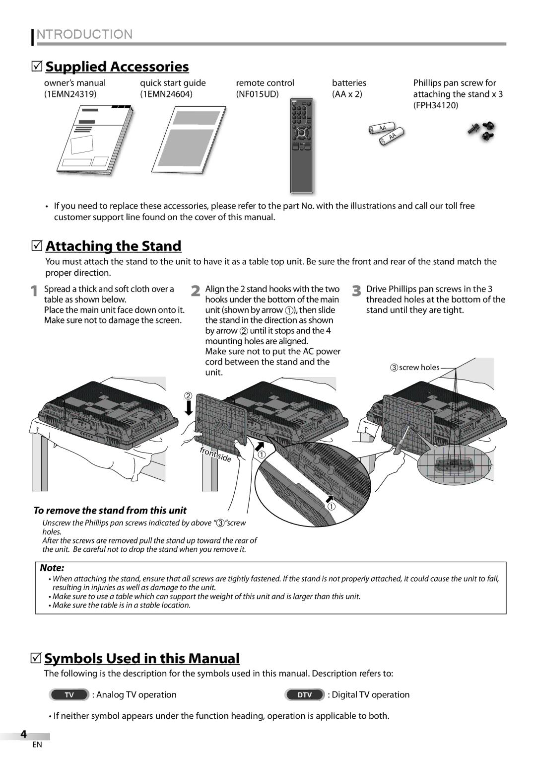 Sylvania LC225SSX, LC195SSX Introduction, 5Supplied Accessories, 5Attaching the Stand, 5Symbols Used in this Manual 